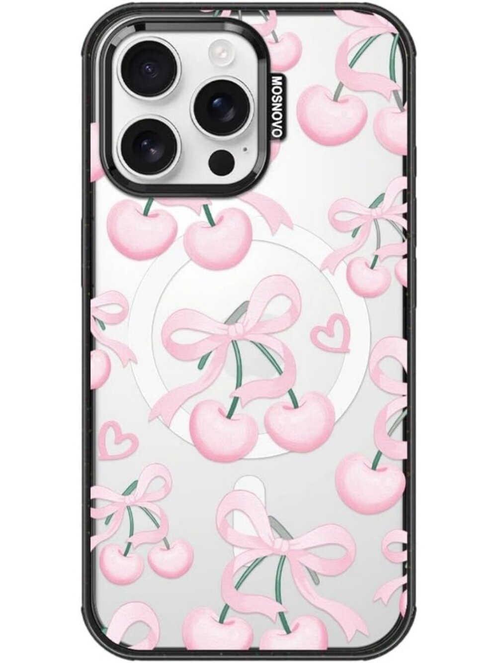 Stylish Pink Cherry Bow iPhone 16 Pro Max Case with MagSafe Compatibility